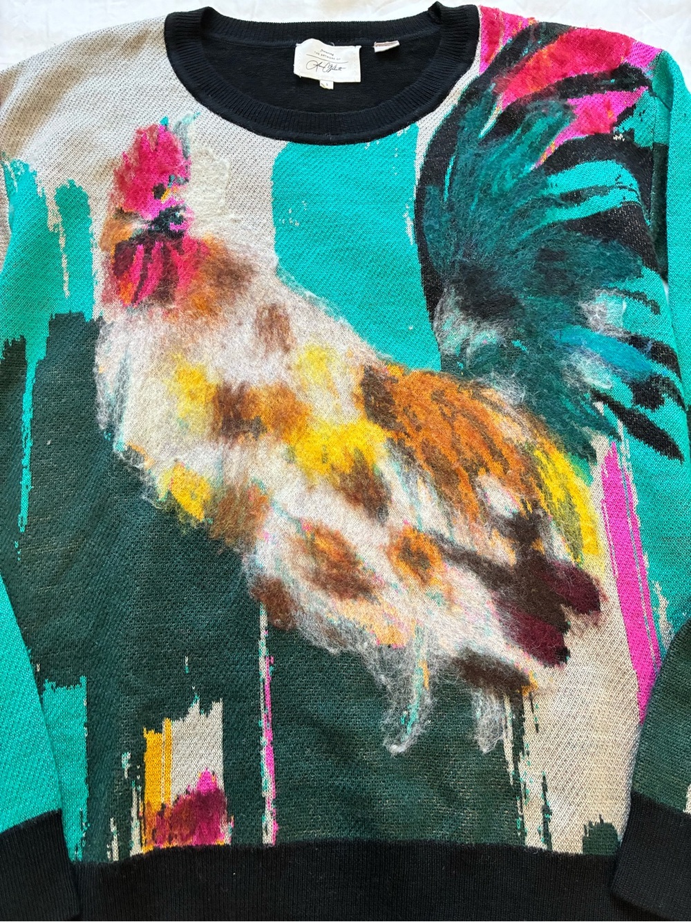 Anthropologie Rooster Art Crewneck Sweater with Artist Lauren Walcott Tag - Picture 2 of 7